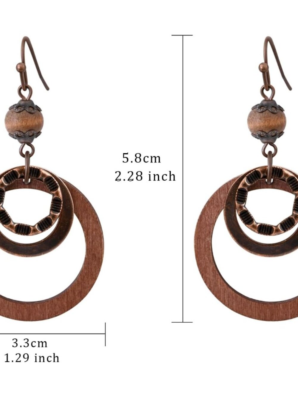 Boho Wooden Earrings For Women With Copper And Wood Circle Dangle Lightweight Ge View 4